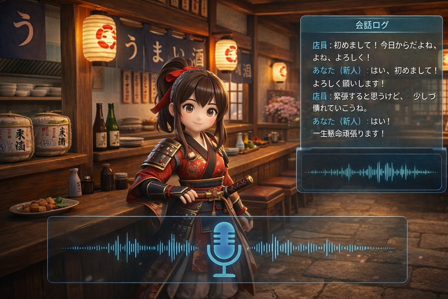 AIアバター対話ロールプレイの画面 — 和風キャラクターとの日本語会話練習UI